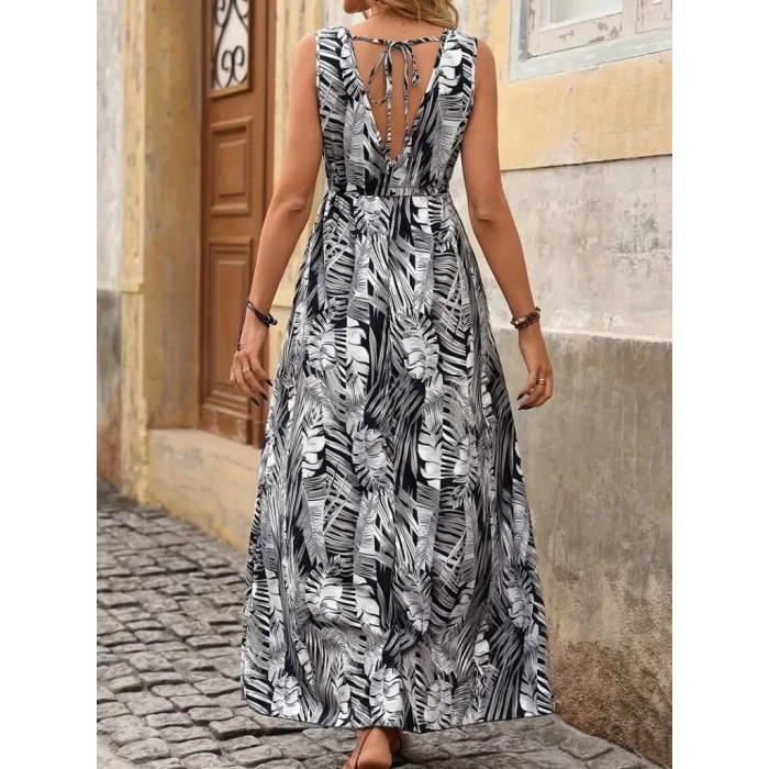 Kadın Askılı V Yakalı Belden Bağcıklı Geniş Kesim Desenli Süprem Elbise