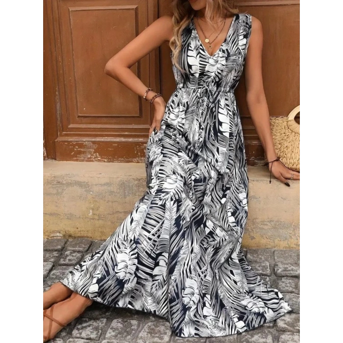 Kadın Askılı V Yakalı Belden Bağcıklı Geniş Kesim Desenli Süprem Elbise