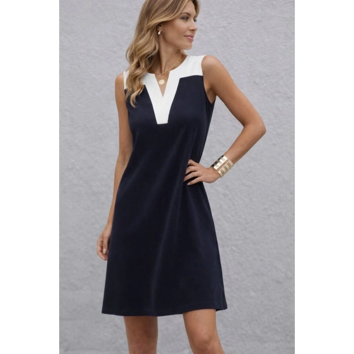 Kadın Askılı V Yakalı çift Renkli Kısa Viskon Iki Iplik Elbise