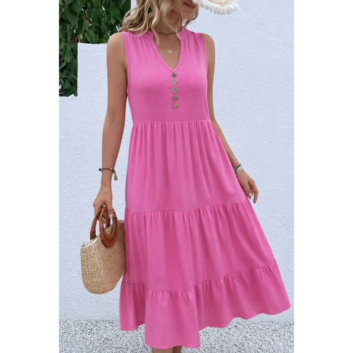 Kadın Askılı V Yakalı önden Düğmeli Midi Viskon Elbise