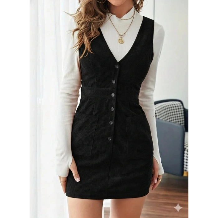 Kadın Askılı V Yakalı önden Düğmeli Mini Kalın Fitilli Kadife Elbise