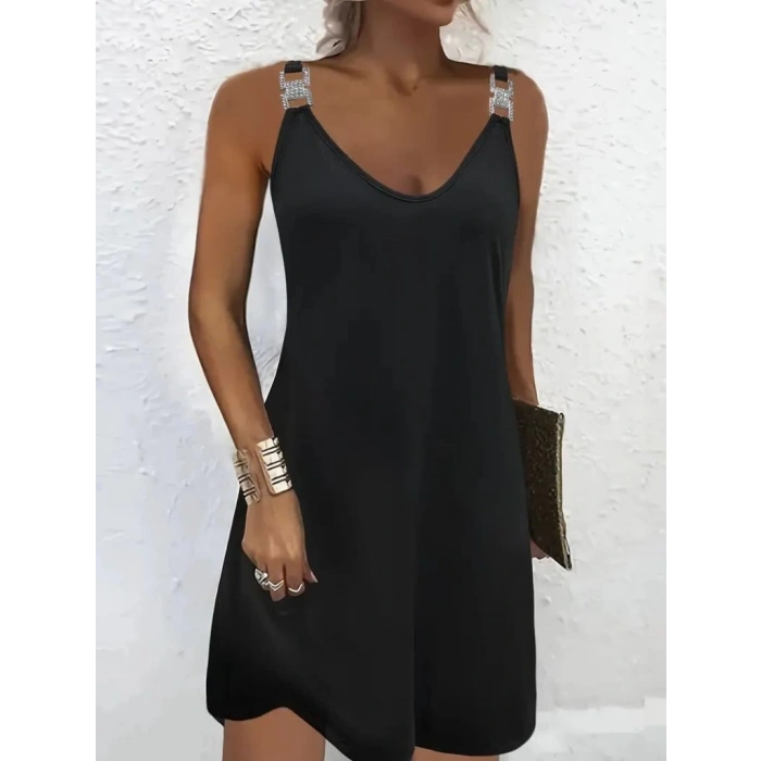 Kadın Askılı V Yakalı Toka Detaylı Janjan Krep Elbise