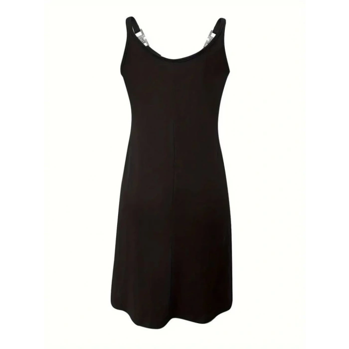 Kadın Askılı V Yakalı Toka Detaylı Janjan Krep Elbise