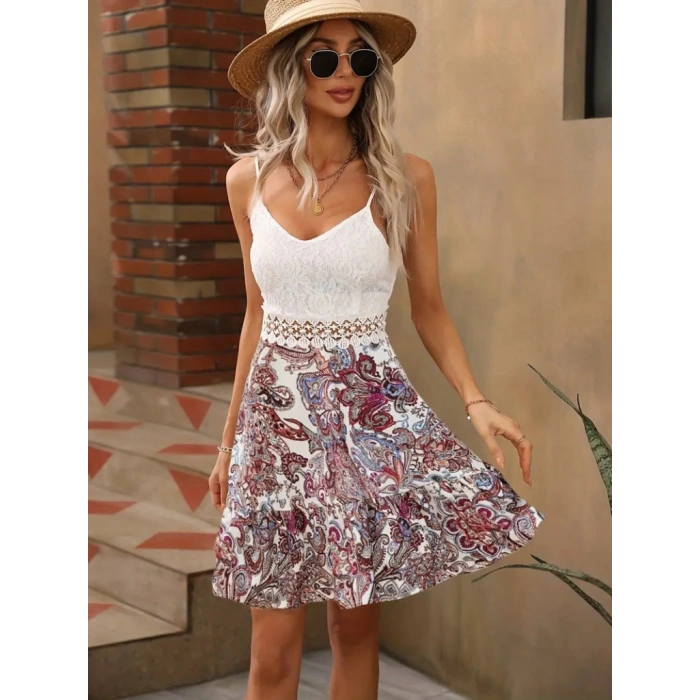 Kadın Askılı V Yakalı üst Dantel Alt Süprem Mini Elbise