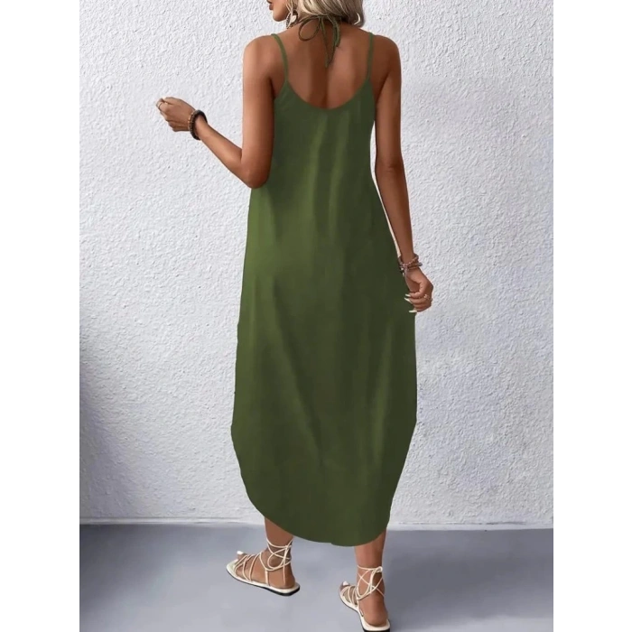 Kadın Askılı V Yakalı Uzun Viskon Elbise