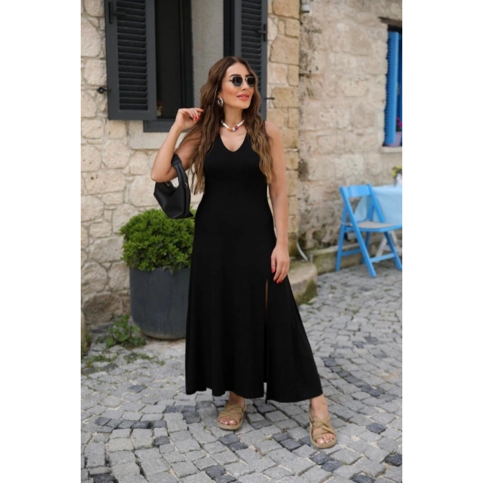 Kadın Askılı V Yakalı Yırtmaçlı Viskon Elbise