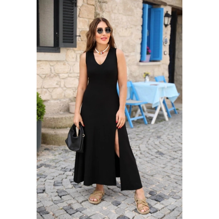 Kadın Askılı V Yakalı Yırtmaçlı Viskon Elbise