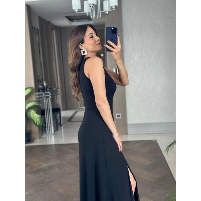 Kadın Askılı V Yakalı Yırtmaçlı Viskon Elbise