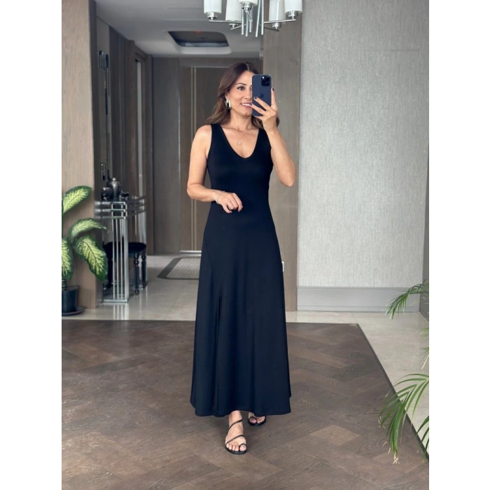 Kadın Askılı V Yakalı Yırtmaçlı Viskon Elbise