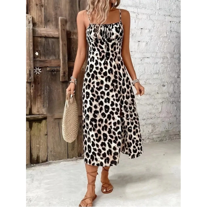 Kadın Askılı Yakadan Bağcıklı Yırtmaçlı Leopar Desenli Midi Süprem Elbise