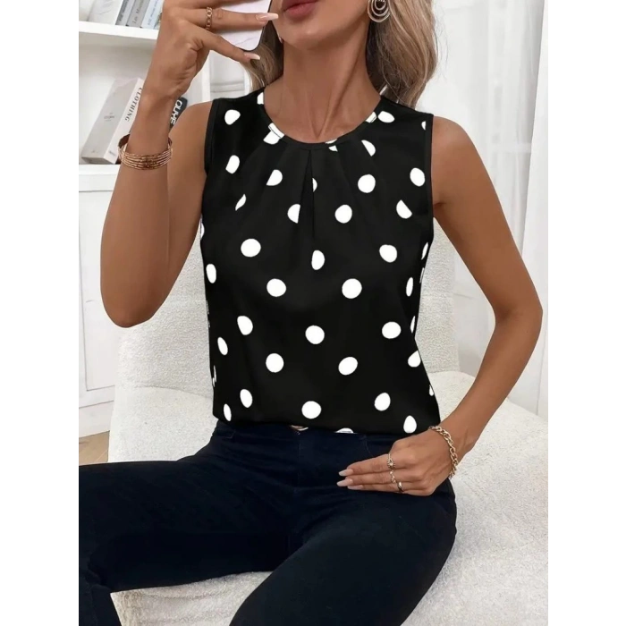 Kadın Askılı Yakası Büzgülü Puantiyeli Atlas Bluz