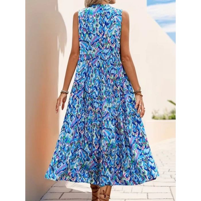 Kadın Askılı Yakası Fırfırlı Bağcıklı Desenli Uzun Süprem Elbise