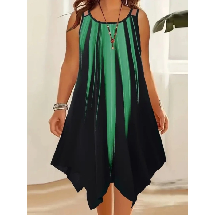 Kadın Askılı Yuvarlak Yaka Asimetrik Detaylı Desenli Süprem Elbise