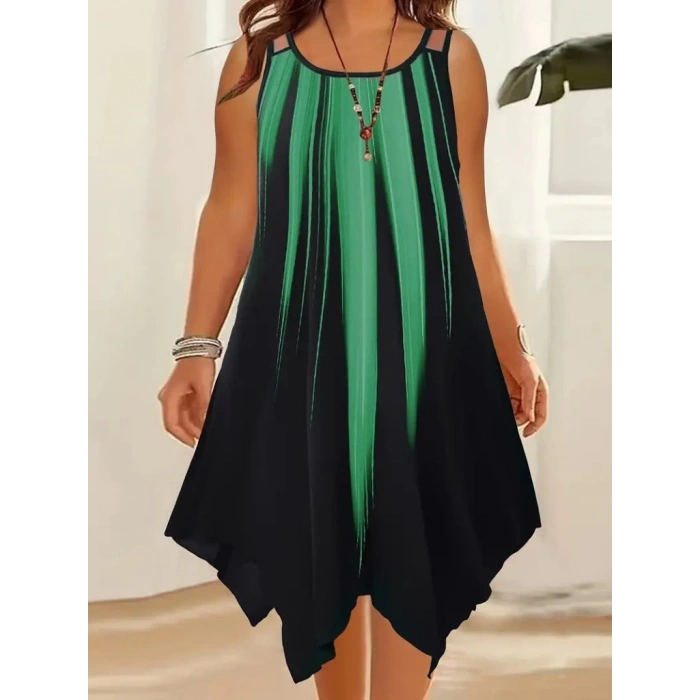 Kadın Askılı Yuvarlak Yaka Asimetrik Detaylı Desenli Süprem Elbise