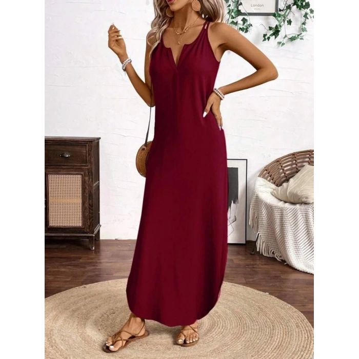 Kadın Askılı Yuvarlak Yaka Asimetrik Detaylı Viskon Elbise