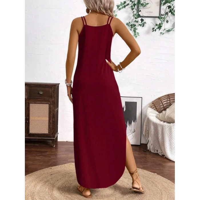 Kadın Askılı Yuvarlak Yaka Asimetrik Detaylı Viskon Elbise