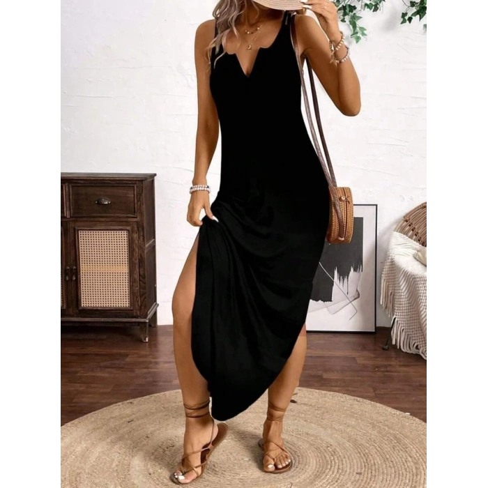 Kadın Askılı Yuvarlak Yaka Asimetrik Detaylı Viskon Elbise