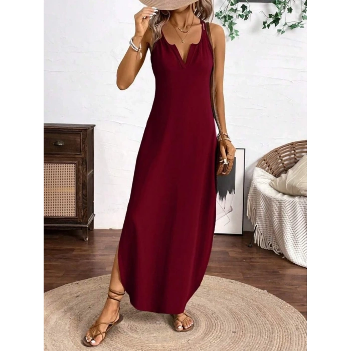 Kadın Askılı Yuvarlak Yaka Asimetrik Detaylı Viskon Elbise