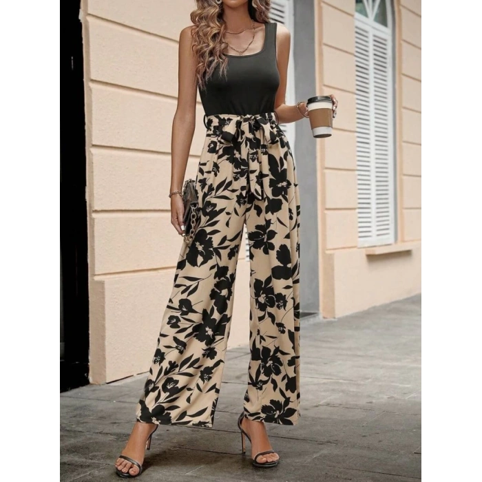 Kadın Askılı Yuvarlak Yaka Beli Kuşaklı üst Viskon Alt Dalgıç Tulum