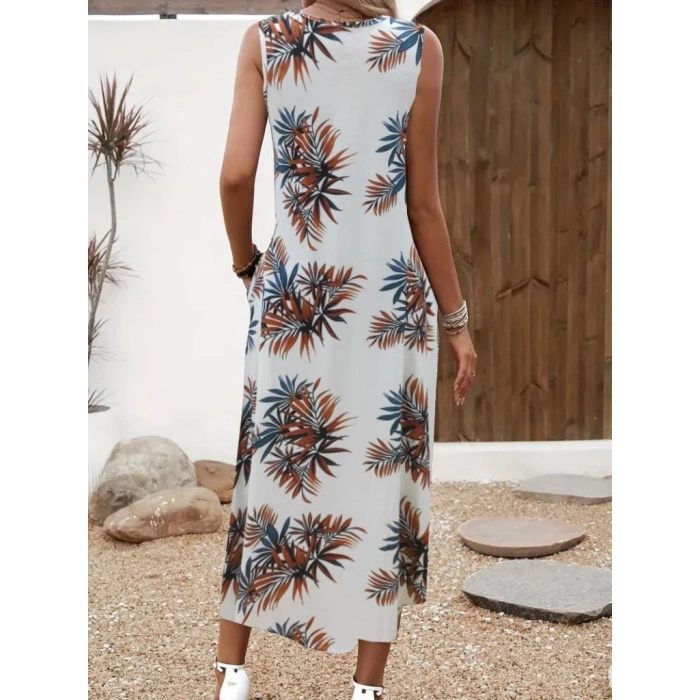 Kadın Askılı Yuvarlak Yaka Cepli Desenli Süprem Elbise