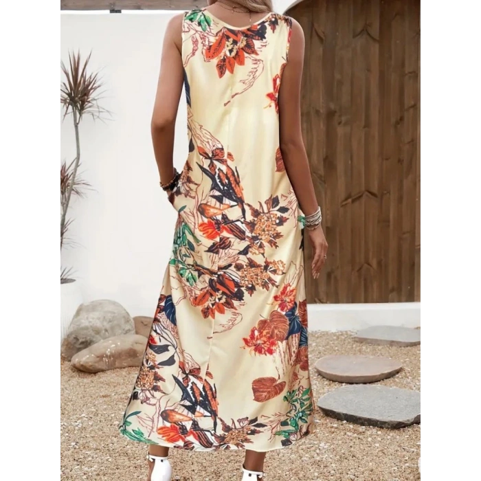 Kadın Askılı Yuvarlak Yaka Cepli Desenli Süprem Elbise