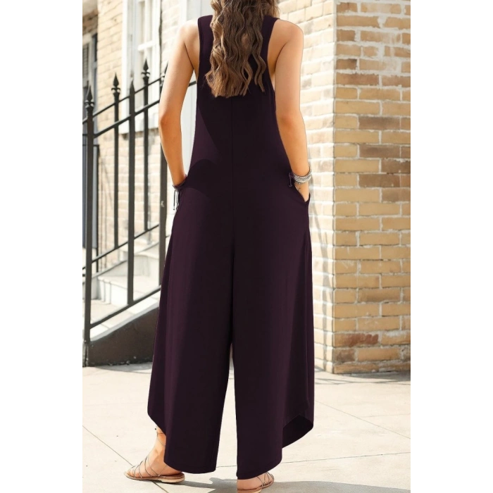 Kadın Askılı Yuvarlak Yaka Cepli Salaş Uzun Viskon Tulum