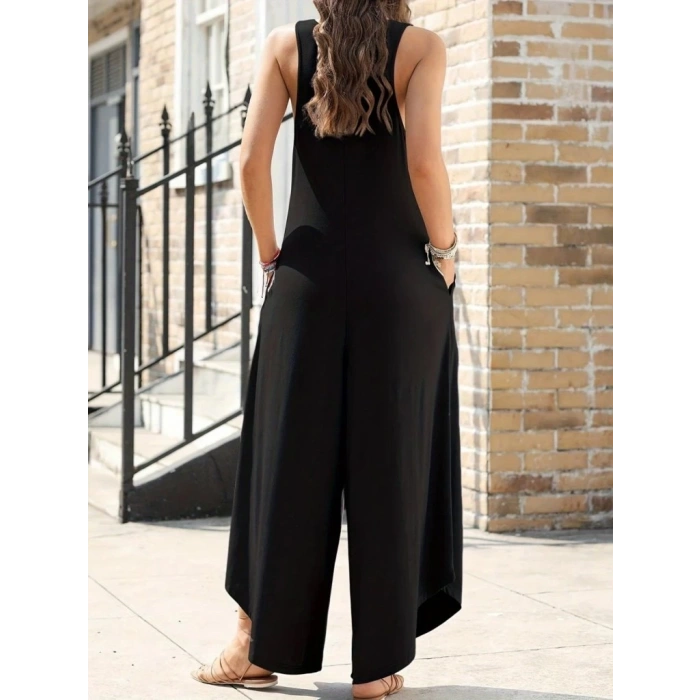 Kadın Askılı Yuvarlak Yaka Cepli Salaş Uzun Viskon Tulum