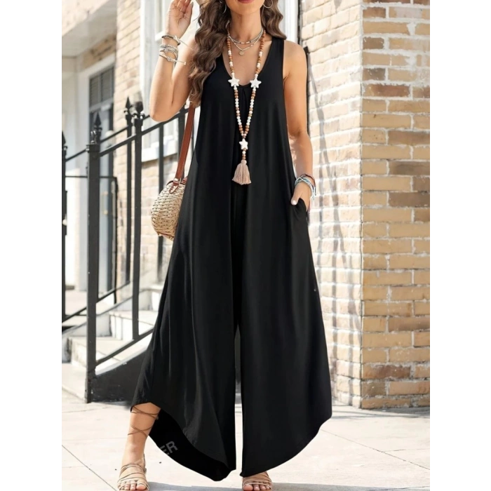 Kadın Askılı Yuvarlak Yaka Cepli Salaş Uzun Viskon Tulum