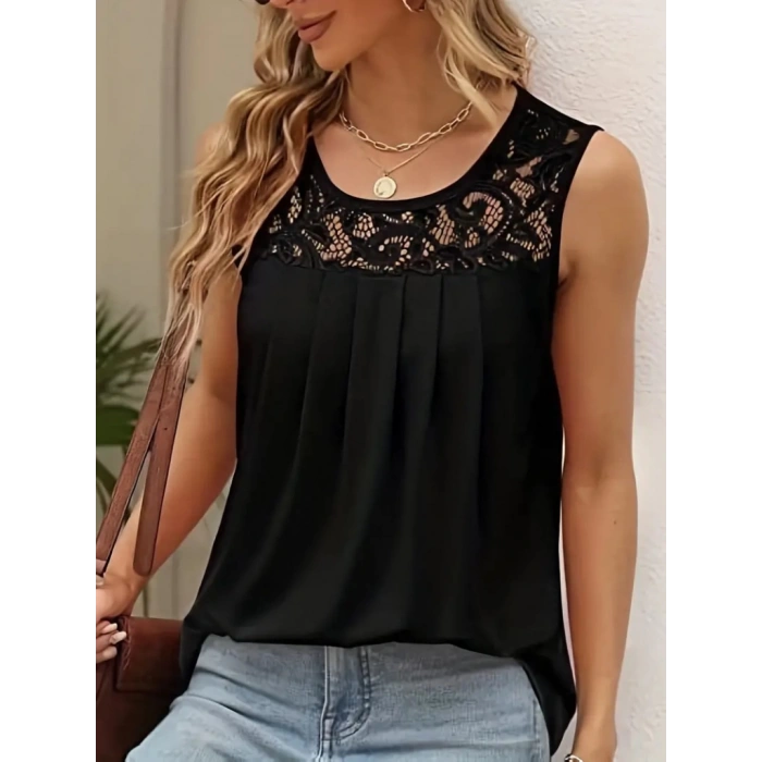 Kadın Askılı Yuvarlak Yaka Dantel Detaylı Viskon Bluz