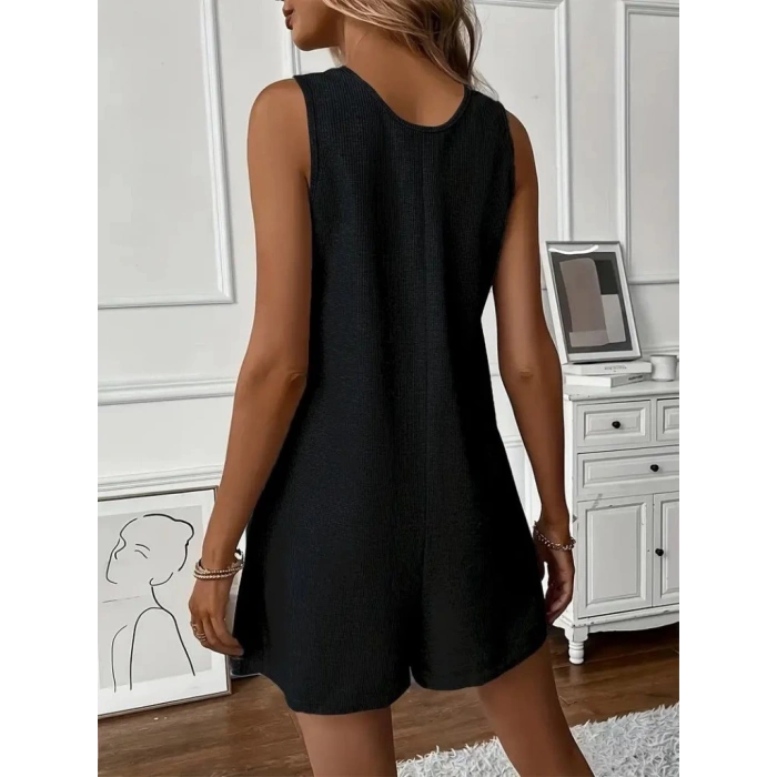 Kadın Askılı Yuvarlak Yaka Düğmeli Waffle Kısa Tulum