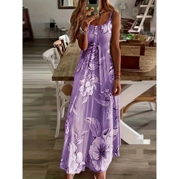 Kadın Askılı Yuvarlak Yaka Etek Geniş Kesim Desenli Süprem Elbise