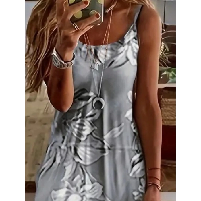 Kadın Askılı Yuvarlak Yaka Etek Geniş Kesim Desenli Süprem Elbise