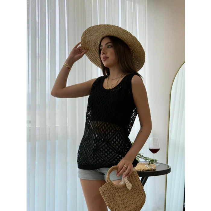 Kadın Askılı Yuvarlak Yaka Geometrik Desenli Triko Bluz