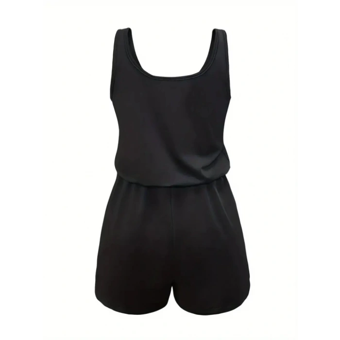 Kadın Askılı Yuvarlak Yaka Lazer Kesim Detaylı Bağcıklı Kısa Viskon Tulum