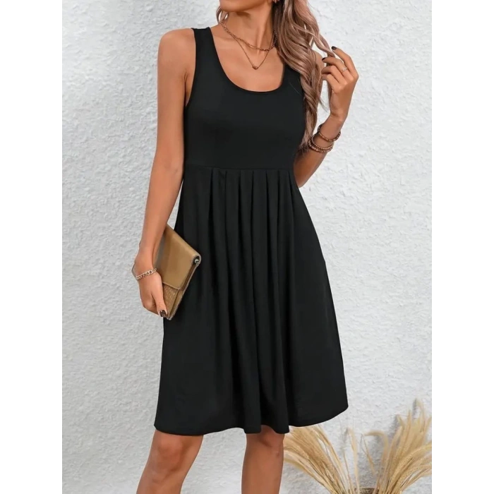 Kadın Askılı Yuvarlak Yaka önden Pileli Viskon Elbise