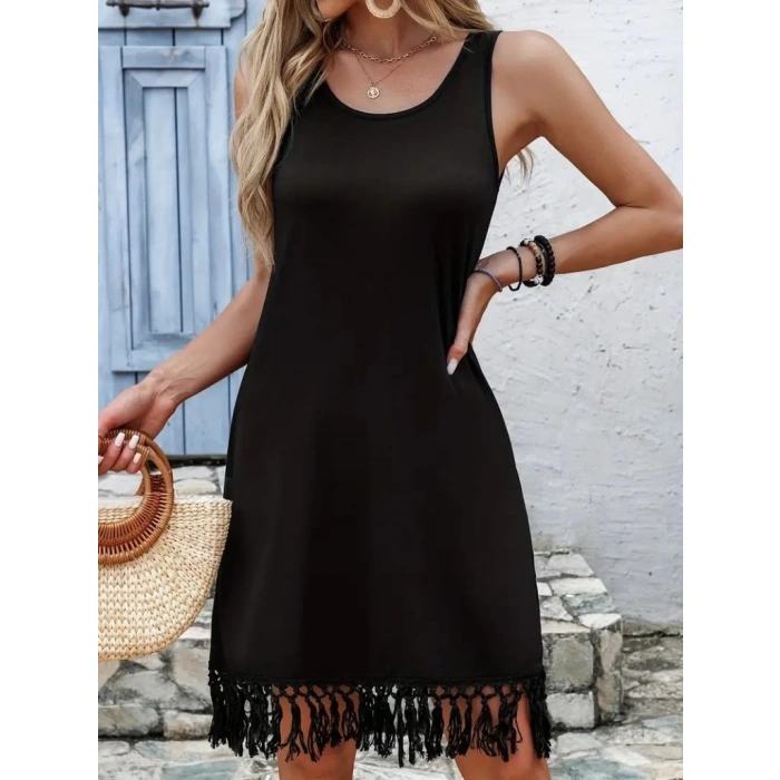 Kadın Askılı Yuvarlak Yaka Püsküllü Midi Viskon Elbise