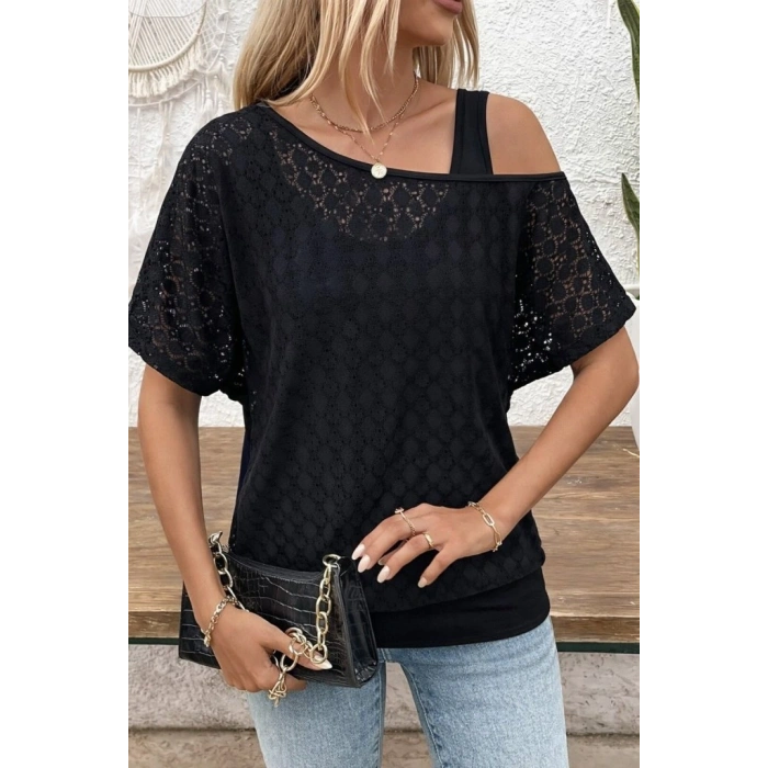 Kadın Askılı Yuvarlak Yaka Viskon Atlet Ve Yarasa Kollu Omuzdan Açık Dantel Bluz Ikili Takım