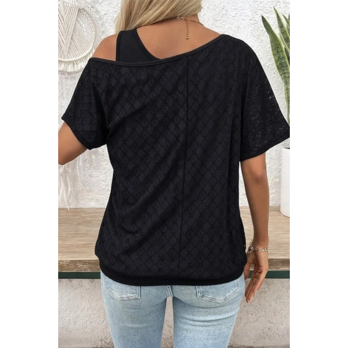 Kadın Askılı Yuvarlak Yaka Viskon Atlet Ve Yarasa Kollu Omuzdan Açık Dantel Bluz Ikili Takım