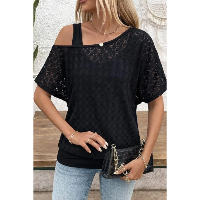 Kadın Askılı Yuvarlak Yaka Viskon Atlet Ve Yarasa Kollu Omuzdan Açık Dantel Bluz Ikili Takım