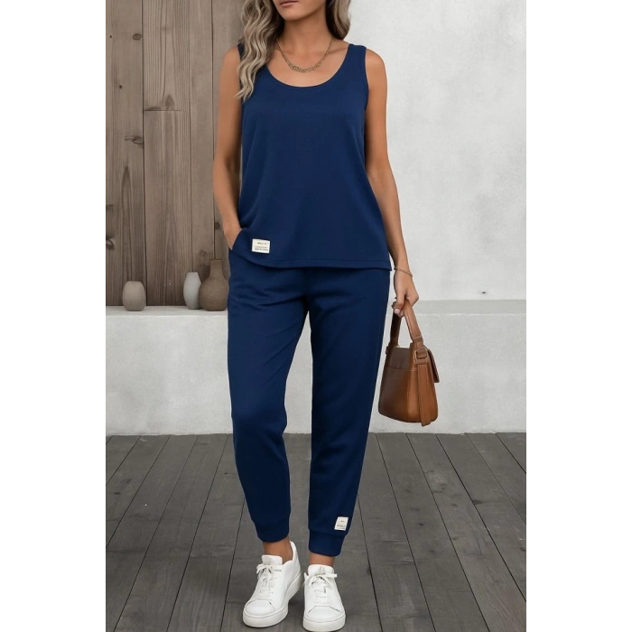 Kadın Askılı Yuvarlak Yaka Viskon Iki Iplik Bluz Ve Eşofman Altı Ikili Takım