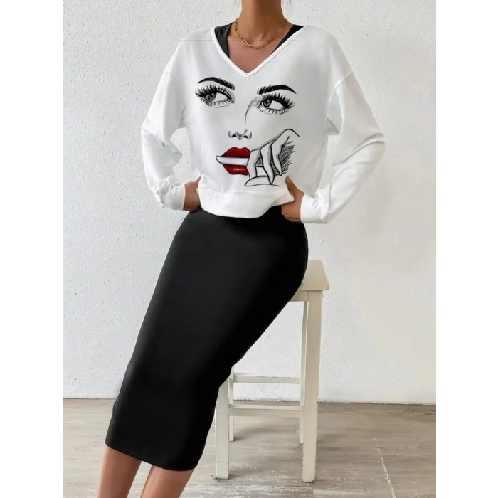 Kadın Askılı Yuvarlak Yaka Viskon Iki Iplik Elbise Ve V Yakalı Bluz Ikili Takım