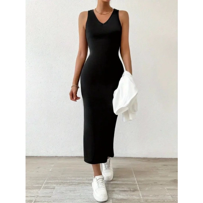 Kadın Askılı Yuvarlak Yaka Viskon Iki Iplik Elbise Ve V Yakalı Bluz Ikili Takım