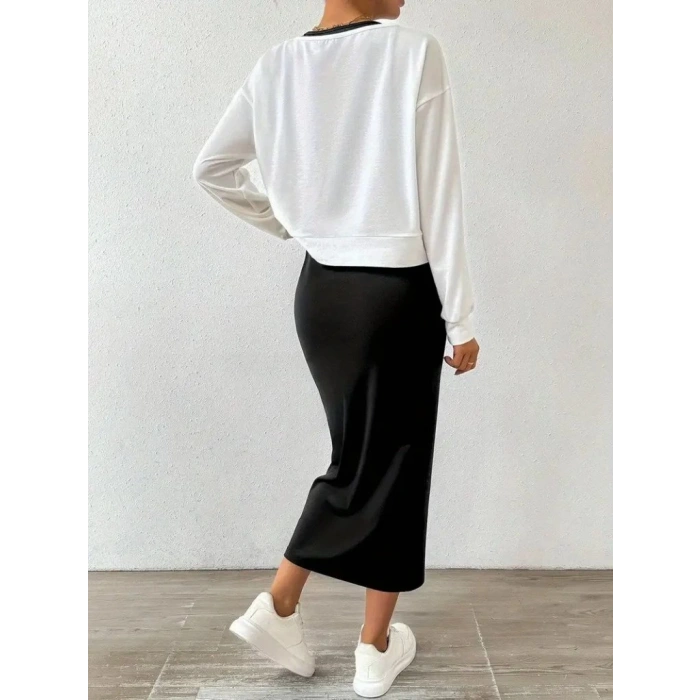 Kadın Askılı Yuvarlak Yaka Viskon Iki Iplik Elbise Ve V Yakalı Bluz Ikili Takım