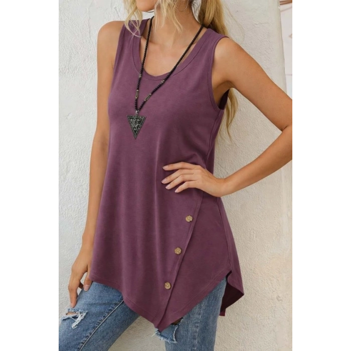 Kadın Askılı Yuvarlak Yakalı Asimetrik Kesim Detaylı Viskon Bluz