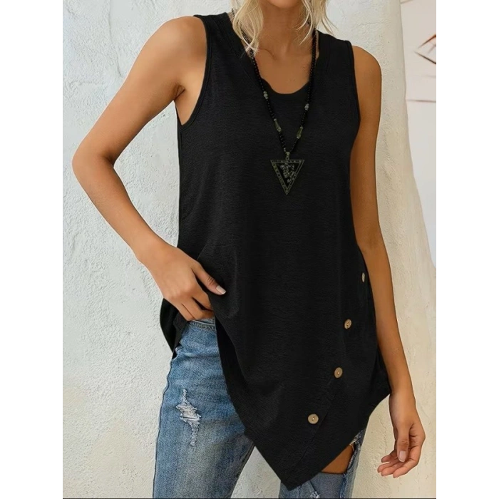 Kadın Askılı Yuvarlak Yakalı Asimetrik Kesim Detaylı Viskon Bluz