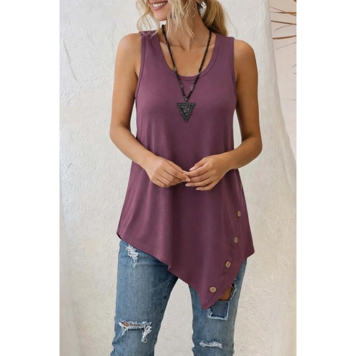 Kadın Askılı Yuvarlak Yakalı Asimetrik Kesim Detaylı Viskon Bluz