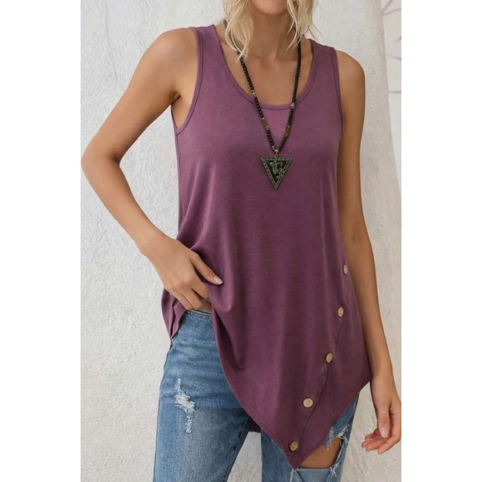 Kadın Askılı Yuvarlak Yakalı Asimetrik Kesim Detaylı Viskon Bluz