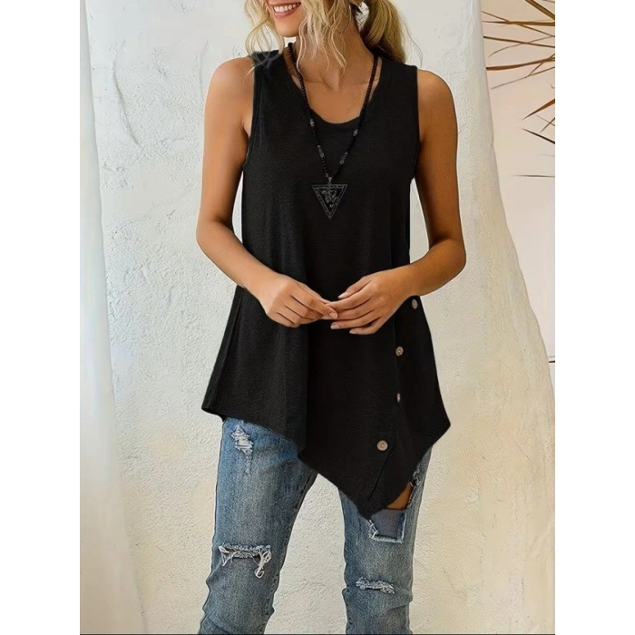 Kadın Askılı Yuvarlak Yakalı Asimetrik Kesim Detaylı Viskon Bluz