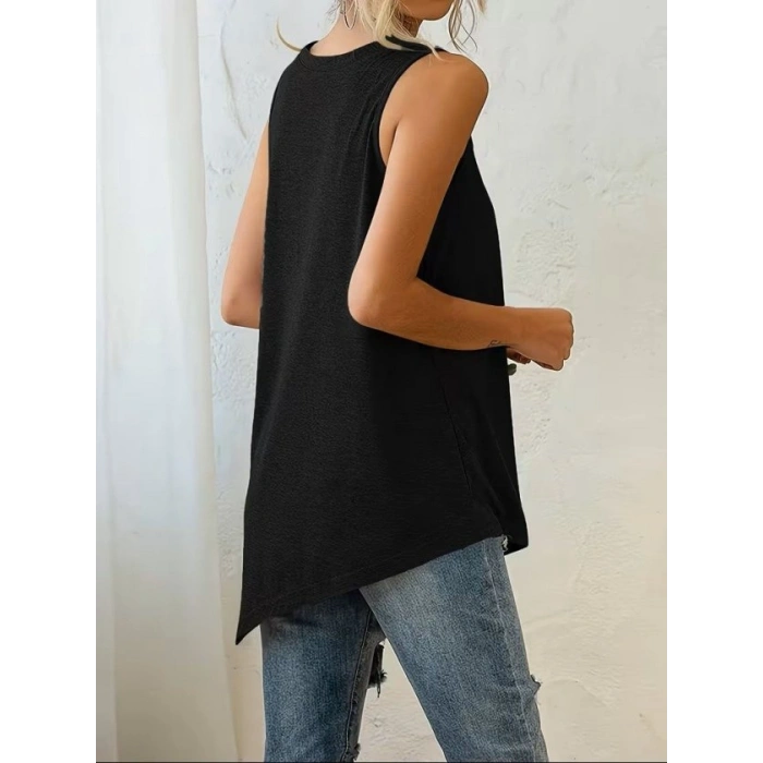 Kadın Askılı Yuvarlak Yakalı Asimetrik Kesim Detaylı Viskon Bluz