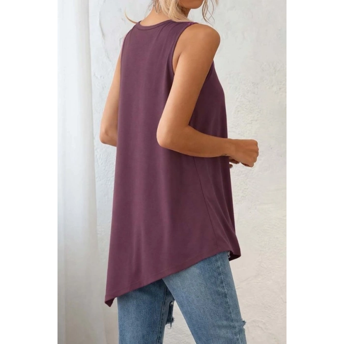 Kadın Askılı Yuvarlak Yakalı Asimetrik Kesim Detaylı Viskon Bluz